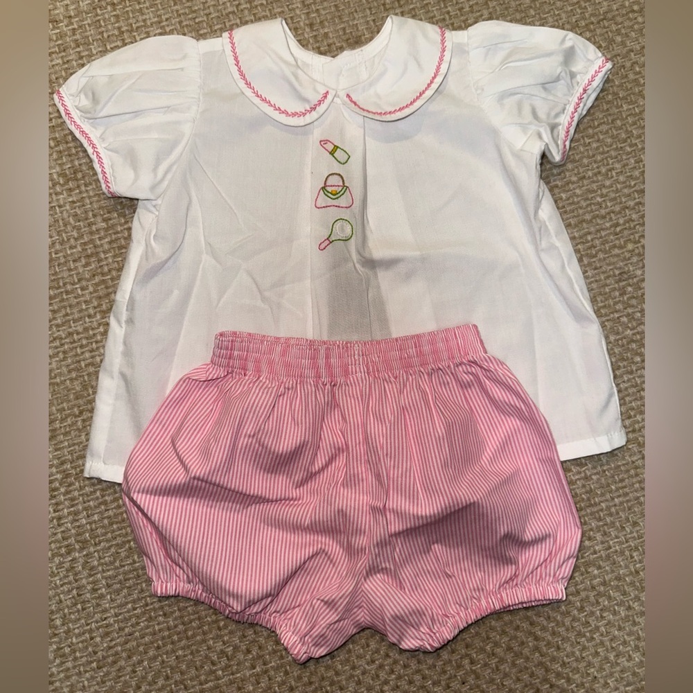 Babysen Pink & White Short Set with Make Up Theme Embroidery- 12M